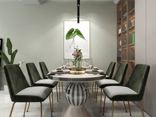 3D rendering, spacious dining room design next to the modern kitchen, with a beautiful dining table and greenery