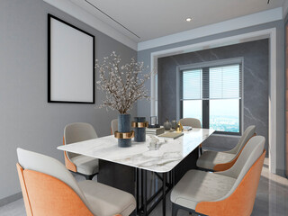 3D rendering, spacious dining room design next to the modern kitchen, with a beautiful dining table and greenery