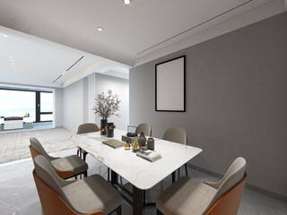 3D rendering, spacious dining room design next to the modern kitchen, with a beautiful dining table and greenery