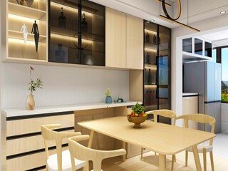 3D rendering, spacious dining room design next to the modern kitchen, with a beautiful dining table and greenery