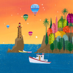 Landscape with blue sea, white sailboat, small colorful town, lighthouse, balloons and forest.