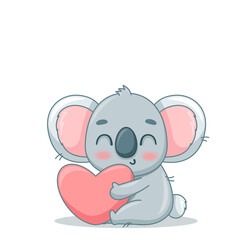 Koala sits and hugs a pink heart with love. Vector illustration for designs, prints and patterns. Isolated on white background