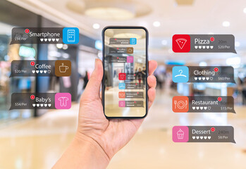 Augmented reality marketing in the shopping mall. Hand holding smart phone use AR application to...