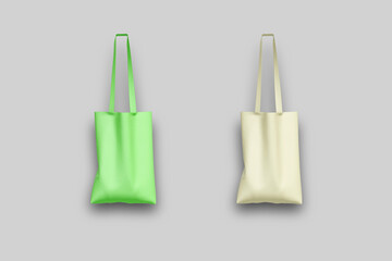 Fabric tote bag mockup on a grey background. Green and beige colors cloth canvas bag Mock up. Front view. Zero waste and eco friendly concept. 3d rendering.
