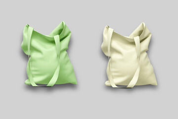 Fabric tote bag mockup on a grey background. Green and beige colors cloth canvas bag Mock up. Front view. Zero waste and eco friendly concept. 3d rendering.