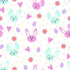 Cute seamless pattern with rabbits. Vector illustration  for Easter with Bunny, egg, heart, flower. Characters for kids, fabrics, greeting cards, wallpapers, gift wrapping paper, web page etc.