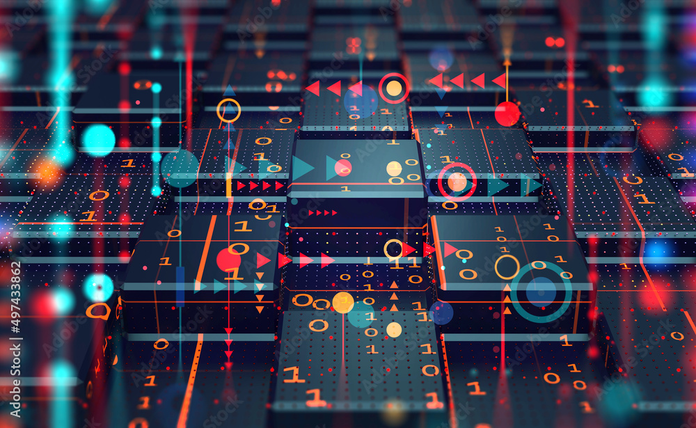 Fototapete Cyber circuit retro style. Bits and bytes of lamp atmosphere. Abstract motherboard and neural network of bright diode lights. 3D illustration of arrays of information blocks in streaming data code