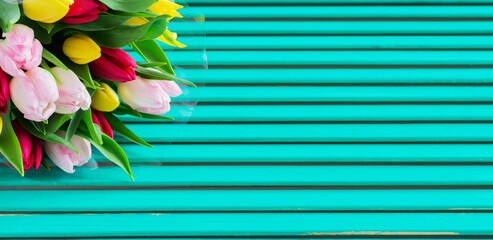 Colorful tulips bouquet on emerald green wooden background