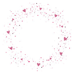 Abstract round glitter frame. Splash of sequin and glitter hearts. Vector element.