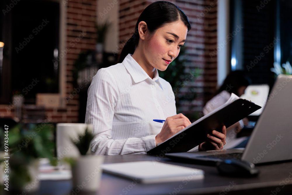 Poster Business company employee in office workspace signing startup project documentation. Financial advisor with clipboard reviewing marketing campaign paperwork while analyzing accounting data.