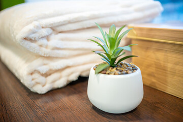 White stacked bathroom towels and flower in pot on a wooden background