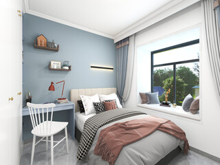 3D rendering, elegant and spacious bedroom design of modern apartment, overcoat cabinet beside the big bed, with dressing table and green plants