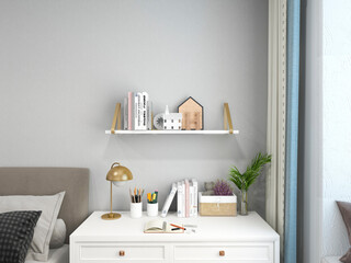 3D rendering, elegant and spacious bedroom design of modern apartment, overcoat cabinet beside the big bed, with dressing table and green plants