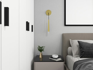 3D rendering, elegant and spacious bedroom design of modern apartment, overcoat cabinet beside the big bed, with dressing table and green plants