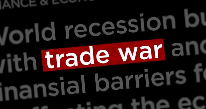 News titles across international web media with Trade war import and export tax tariff information search. Abstract concept of internet headline information broadcast on displays dynamic animation.