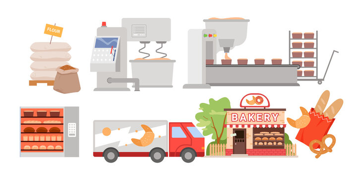 Bread and pastry factory production. Breadmaking industry and processing stages of dough, bakery distribution shop, wheat products consumption cartoon vector illustration