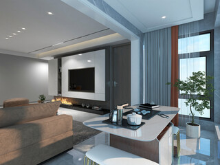 3D rendering, spacious and bright urban residential closed balcony design, green plants with wooden tables and chairs are leisure and comfortable.