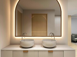 3D rendering,Clean modern residential bathroom and toilet design, which is equipped with washstand, toilet and shower equipment, etc.