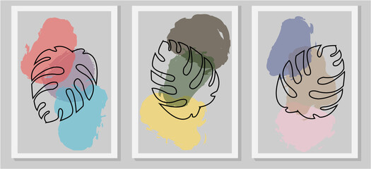 For background. Leaf art drawing with abstract shape. Modern abstract plant. Botanical wall art vector set. Modern minimalist aesthetic illustrations. Bohemian style for wall prints, posters, 