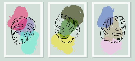For background. Leaf art drawing with abstract shape. Modern abstract plant. Botanical wall art vector set. Modern minimalist aesthetic illustrations. Bohemian style for wall prints, posters, 