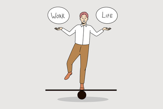 Happy businessman keep balance on board between work and personal life. Smiling successful male manager or employee perfect job and lifestyle scheme. Cartoon character, vector illustration. 