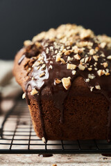 homemade banana cake with chocolate and nuts