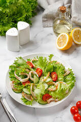 Baked fried squid rings and vegetables salad with green leaves and fried squid rings. Sunshine. White background