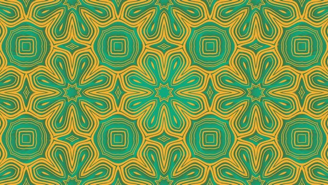 Floral lines moving pattern, over green background. Geometric linesing yellow pattern, over green background. Pattern formed by naive lines in loop