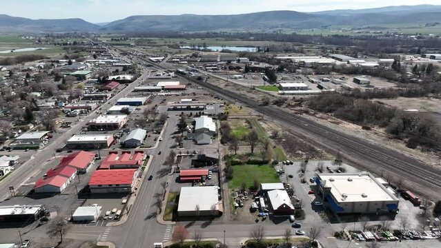 Cinematic 4K aerial drone pan shot of University-Main, West Ellensburg and the city of Ellensburg, Kittitas County in Western Washington