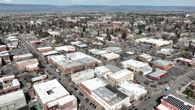 Cinematic 4K aerial drone footage of the city of Ellensburg, University-Main, old town, Kittitas County in Western Washington