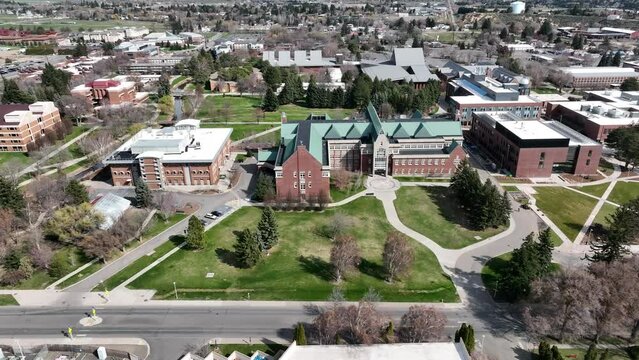 Cinematic 4K aerial drone footage of the Central Washington University campus, city of Ellensburg, Kittitas County in Western Washington