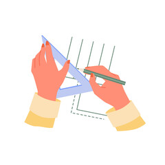 Hands of engineer working on blueprint vector illustration. Cartoon architect or project designer drawing technical scheme with pencil and ruler isolated on white. Architecture, construction concept