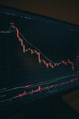 Technical price graph and indicator, red and green candlestick chart on red background. Concept of market volatility, up and down trend. Stock trading, crypto currency background.