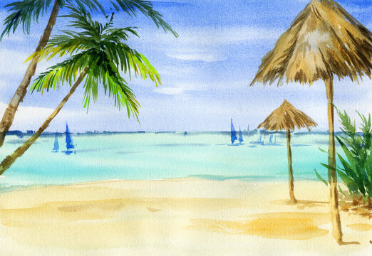 watercolour seascape, beach with umbrellas and palms, sails and yachts on the horizon, hand darwn sketch