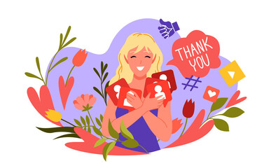 Happy girl holding followers badges to celebrate number of fans and audience in social media vector illustration. Cartoon blogger character standing among flowers and hearts isolated on white