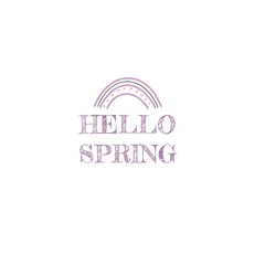 Obraz premium Hello Spring hand sketched logotype, badge typography icon. Lettering spring season with leaf for greeting card, invitation template.