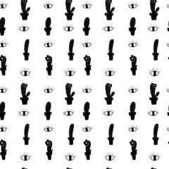 Eyes and cactuses seamless pattern in hand-drawn style