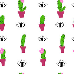 Eyes and cactuses seamless pattern in hand-drawn style