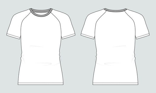 Slim Fit Short  Sleeve Raglan T Shirt Technical Fashion Flat Sketch Vector Illustration Template Front And Back Views Isolated On White Background.