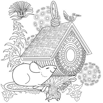 Art therapy coloring page for adults and children. Colouring pictures with mouse and cute house. Linear engraved art. Antistress freehand sketch drawing with doodle and zentangle elements.
