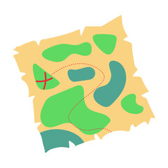 Old pirate treasure map with x marking the spot. Vector cartoon illustration.