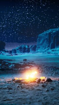 Vertical Video: Night in the Canyon with Relaxing Campfire Fire Burning and Amazing Natural Landscape View with Marvelous Bright Milky Way Stars Shining on Mountains
