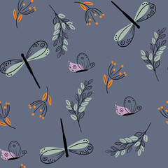 Seamless pattern with dragonflies and ginkgo leaves.