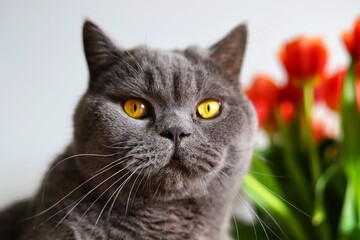 British shorthair blue cat. Red tulips.