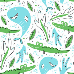 Cute sea animals seamless pattern
