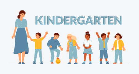 Educator, teacher and happy kids. Group of children from kindergarten or elementary school accompanied by adult. Flat cartoon vector illustration.