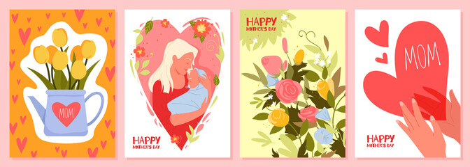 Set of greetings cards for mothers day. Celebrating happy international women day, thankful and warm mom wishes, spring holiday with flowers bouquets cartoon vector illustration