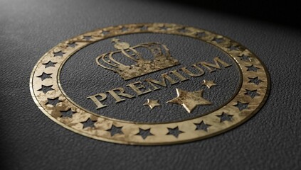 stamp stamped in gilt on a black leather background. premium stamp. 3d rendering.