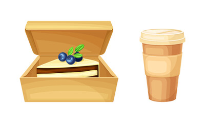 Takeaway food boxes set. Paper containers with cake and coffee vector illustration