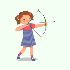 happy cute little girl with bow and arrow doing archery sport aiming ready to shoot